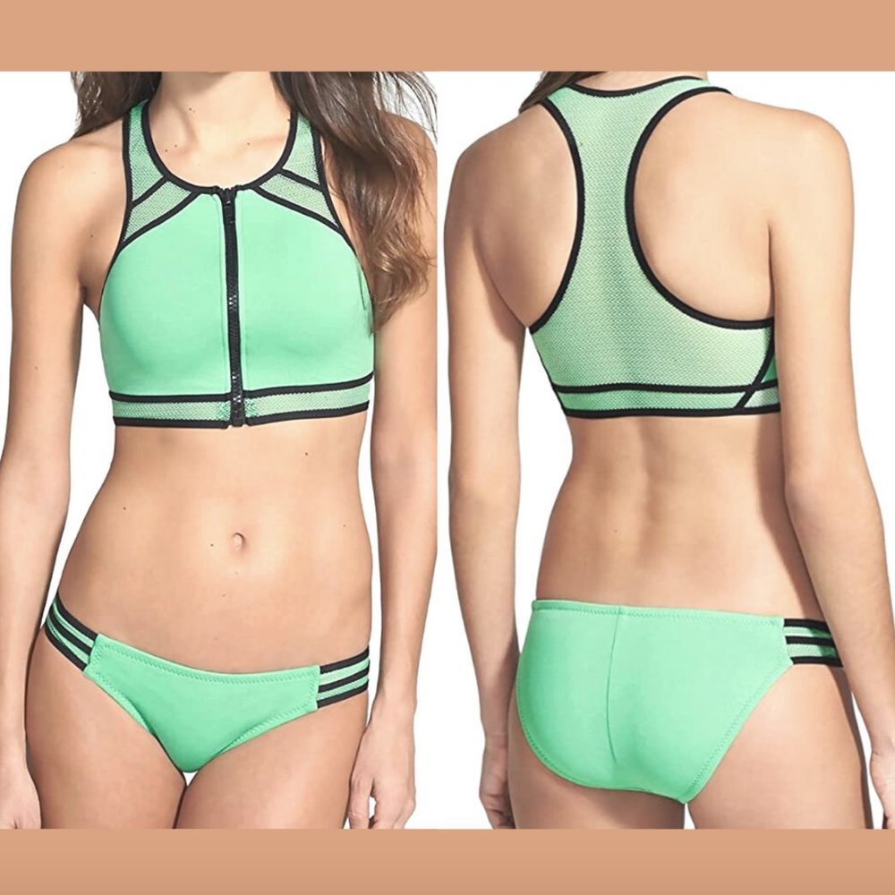 NEW Becca Mesh High Neck Zipper Racerback Bikini Top + Bottom SET [ Small ] 3859